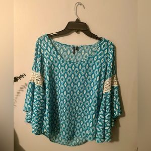 HeartSoul Bell Sleeve Blouse Blue and White Diamond Print